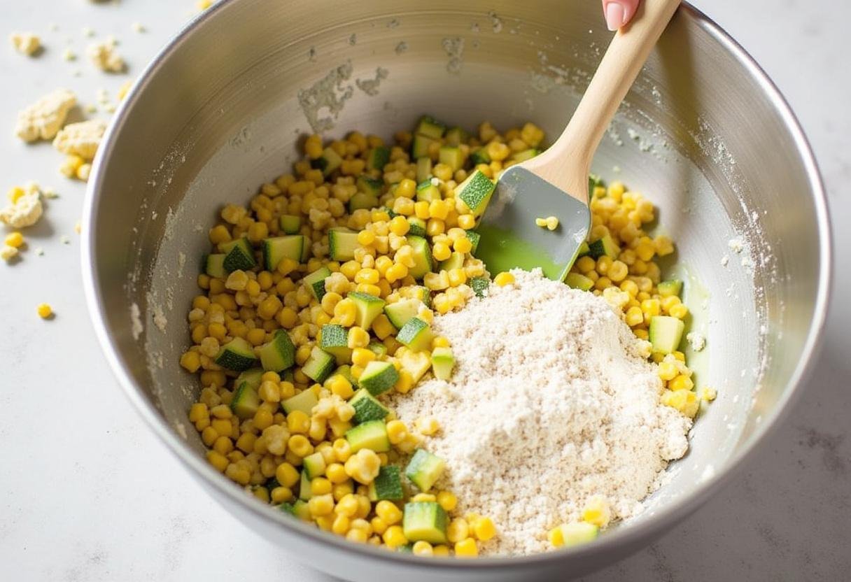 Combining zucchini and corn with flour for Zucchini Corn Fritters.