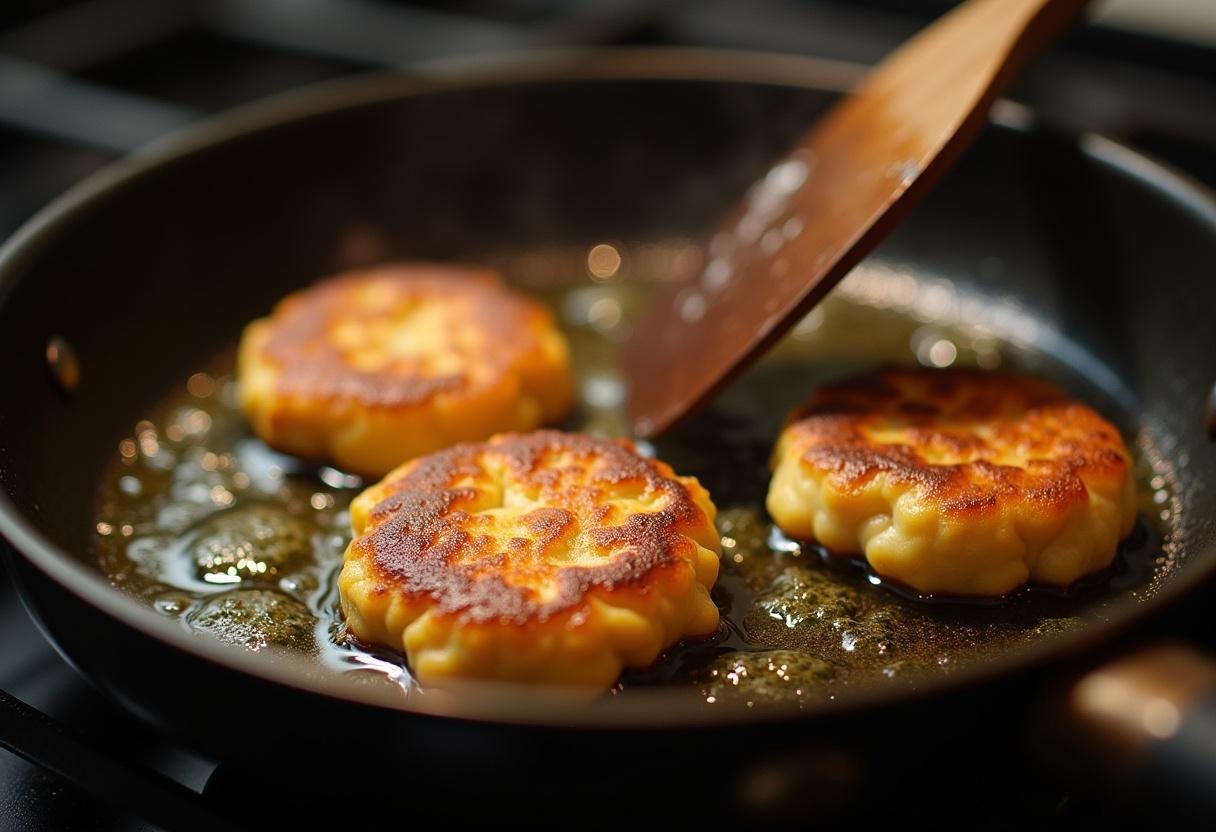 Frying zucchini corn fritters in a pan until golden brown.