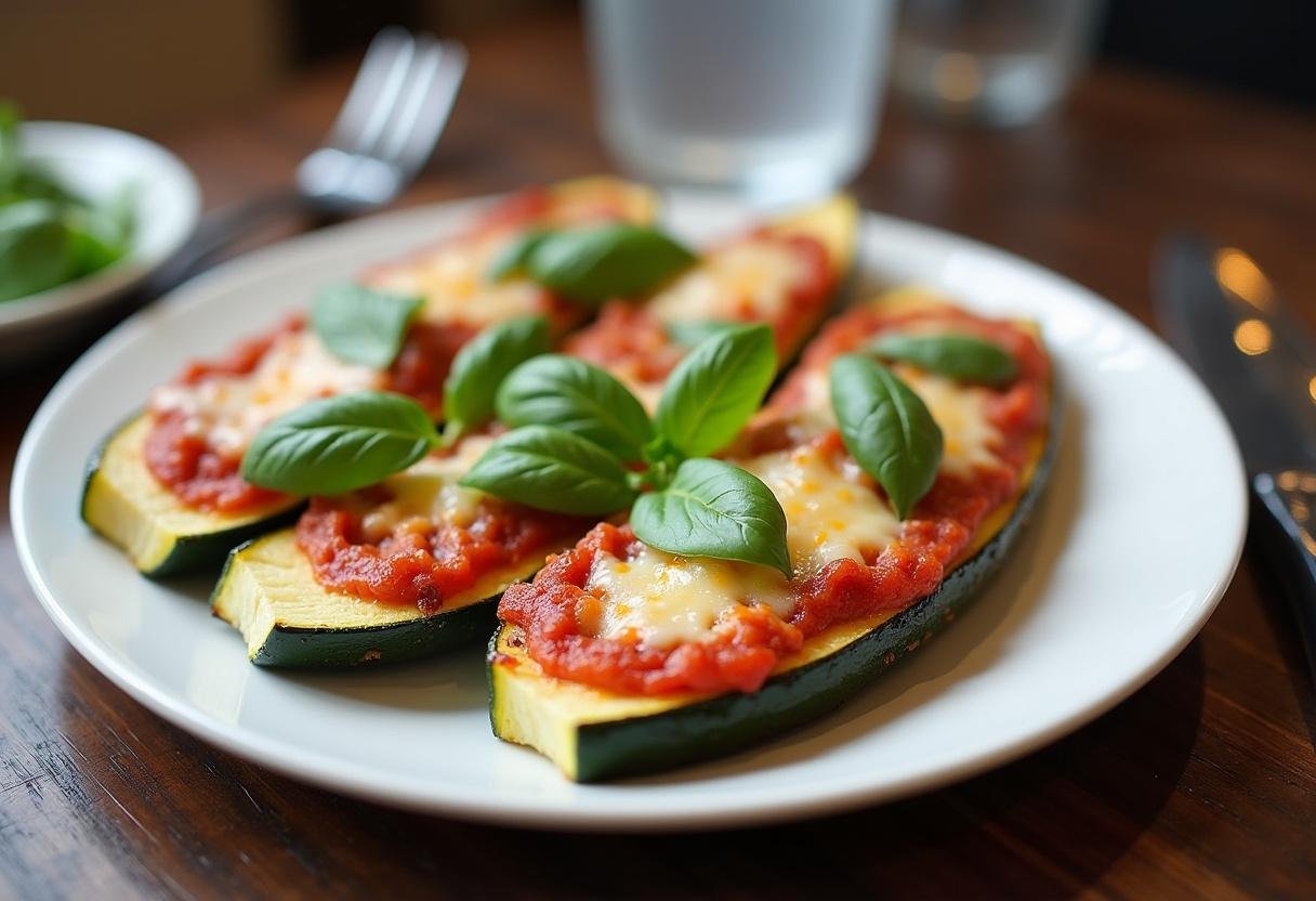 Finished Zucchini Pizza Boats with melted cheese and toppings, perfect for a delicious meal.
