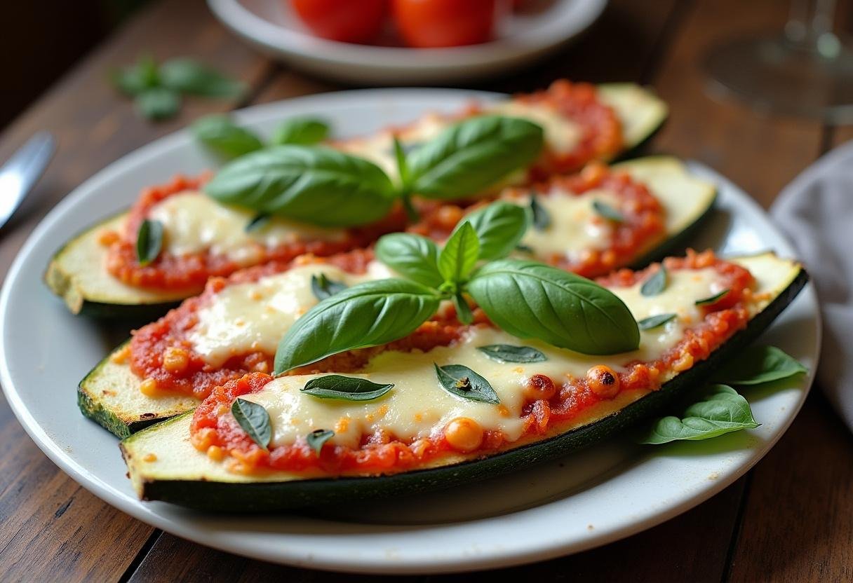 Finished Zucchini Pizza Boats with melted cheese and toppings, perfect for a delicious meal.