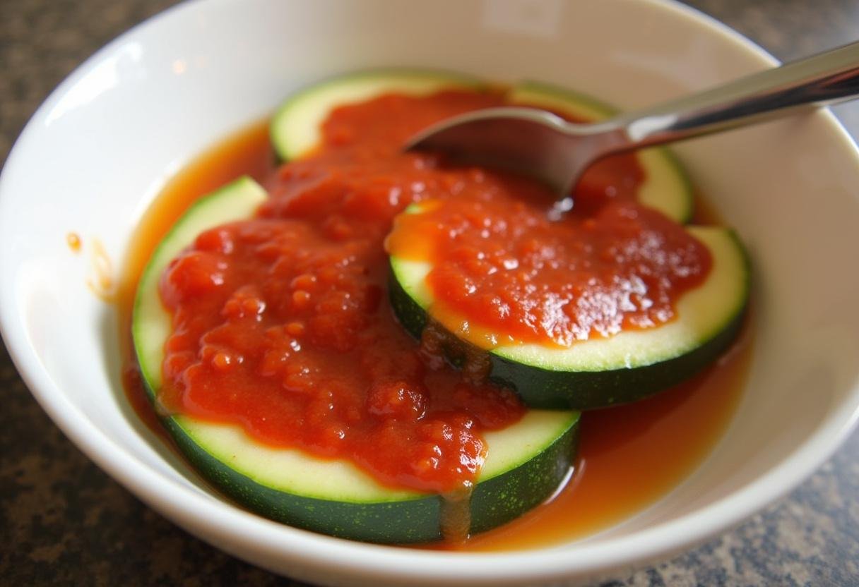 Marinara sauce spread on zucchini halves for Zucchini Pizza Boats recipe.