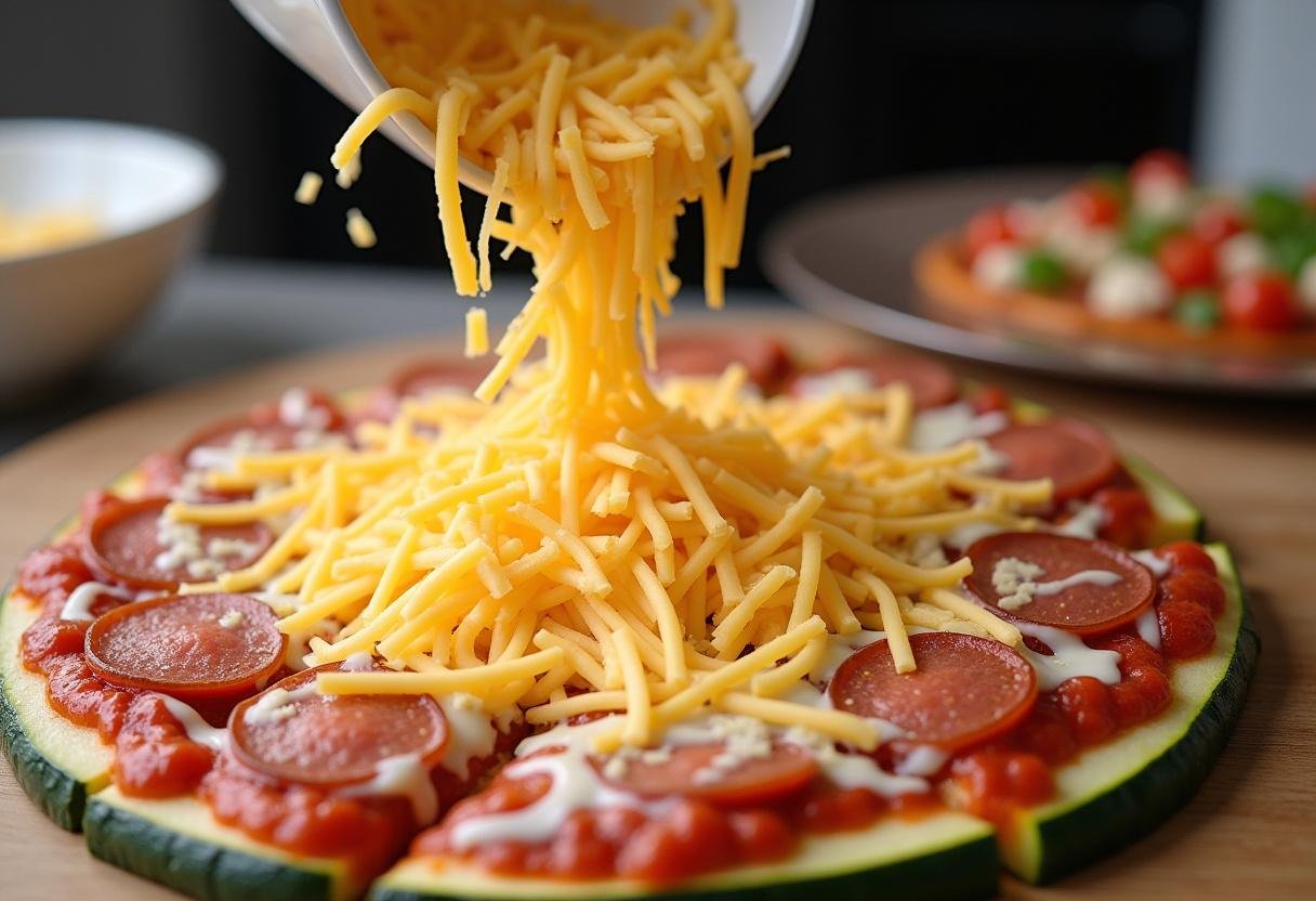 Cheese and pepperoni added to zucchini halves for Zucchini Pizza Boats.