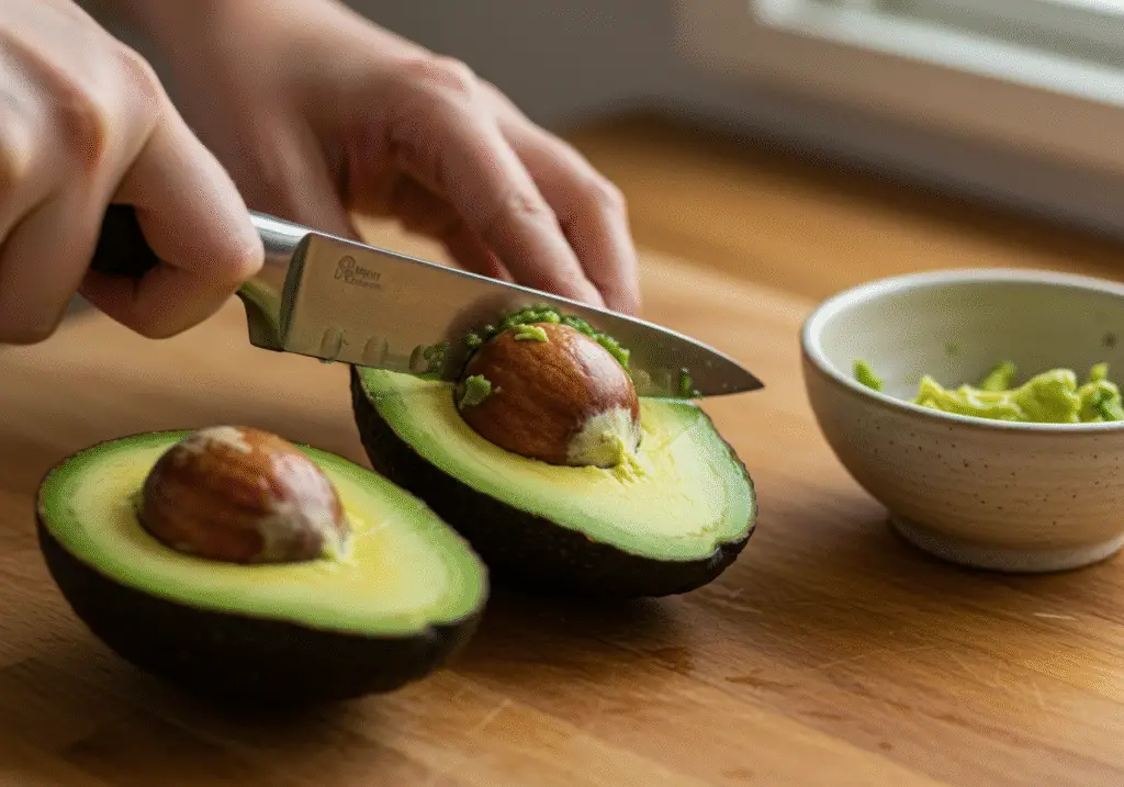 Ripe avocados being prepared for making chocolate mousse.