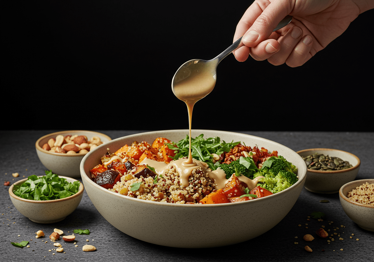 Drizzling tahini sauce over ingredients for a delicious Chickpea Buddha Bowl.