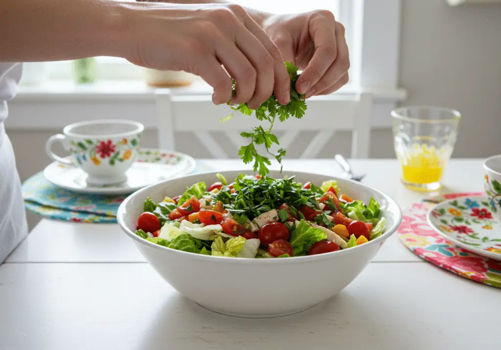 Garnishing Cucumber Tomato Avocado Salad before serving at a dining table.