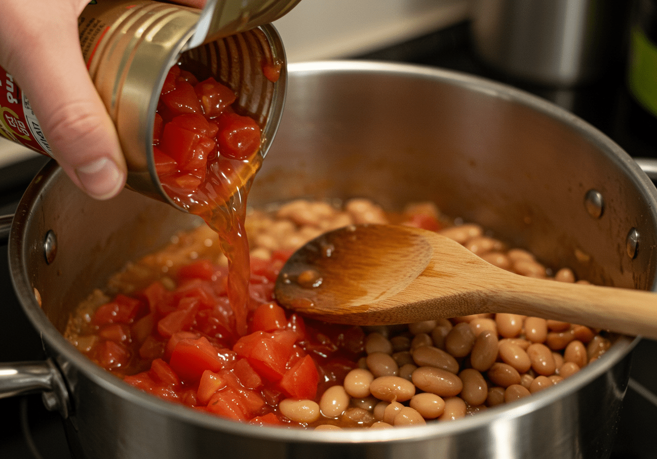 Pouring diced tomatoes and beans into the pot for Paleo Turkey Chili preparation.