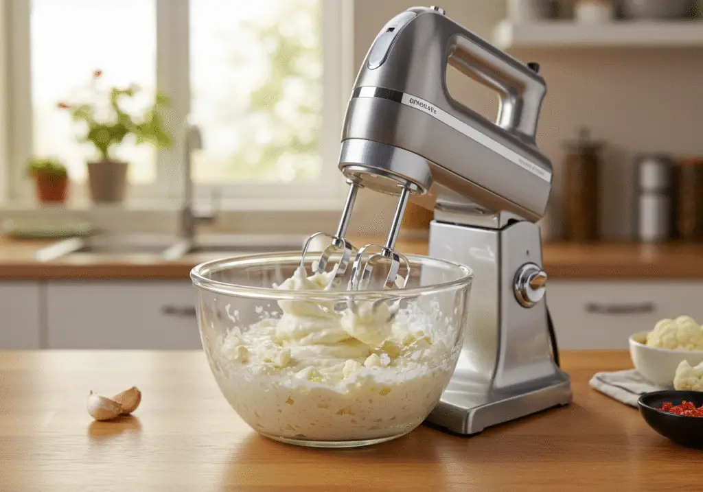 Blending roasted garlic cauliflower for a creamy mash in a cozy kitchen.