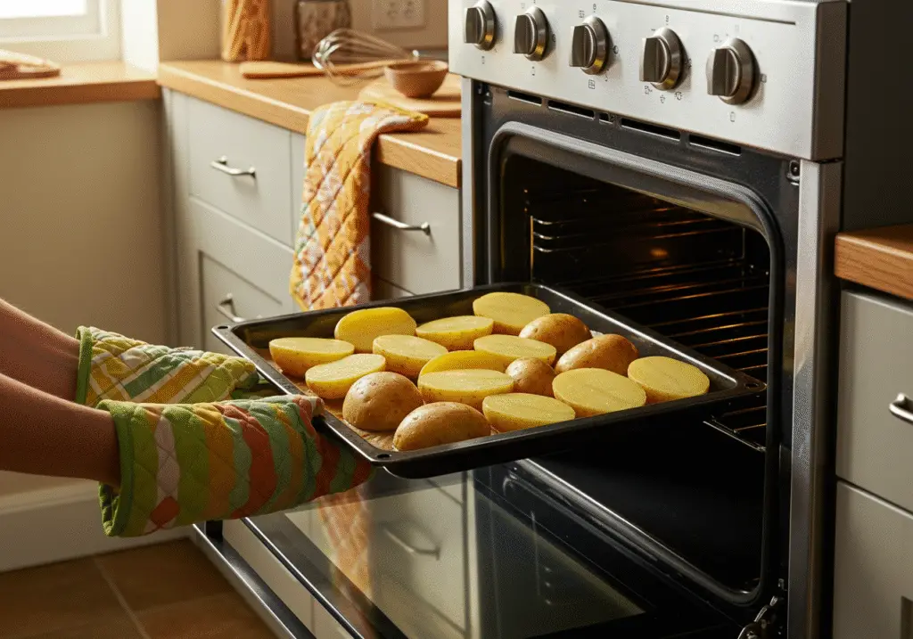 Baking sheet with potatoes placed in the oven for roasting.