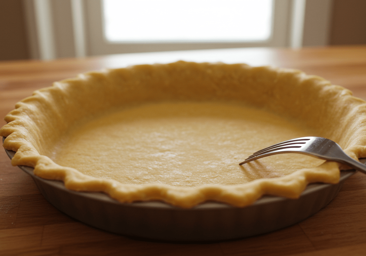 Pie dish lined with pastry dough for Roasted Garlic Tomato Tart, ready for filling.