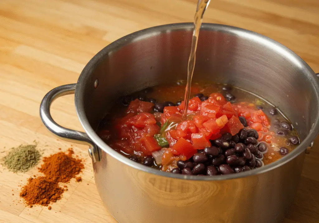 Black beans being added to the pot for Sweet Potato Black Bean Chili.