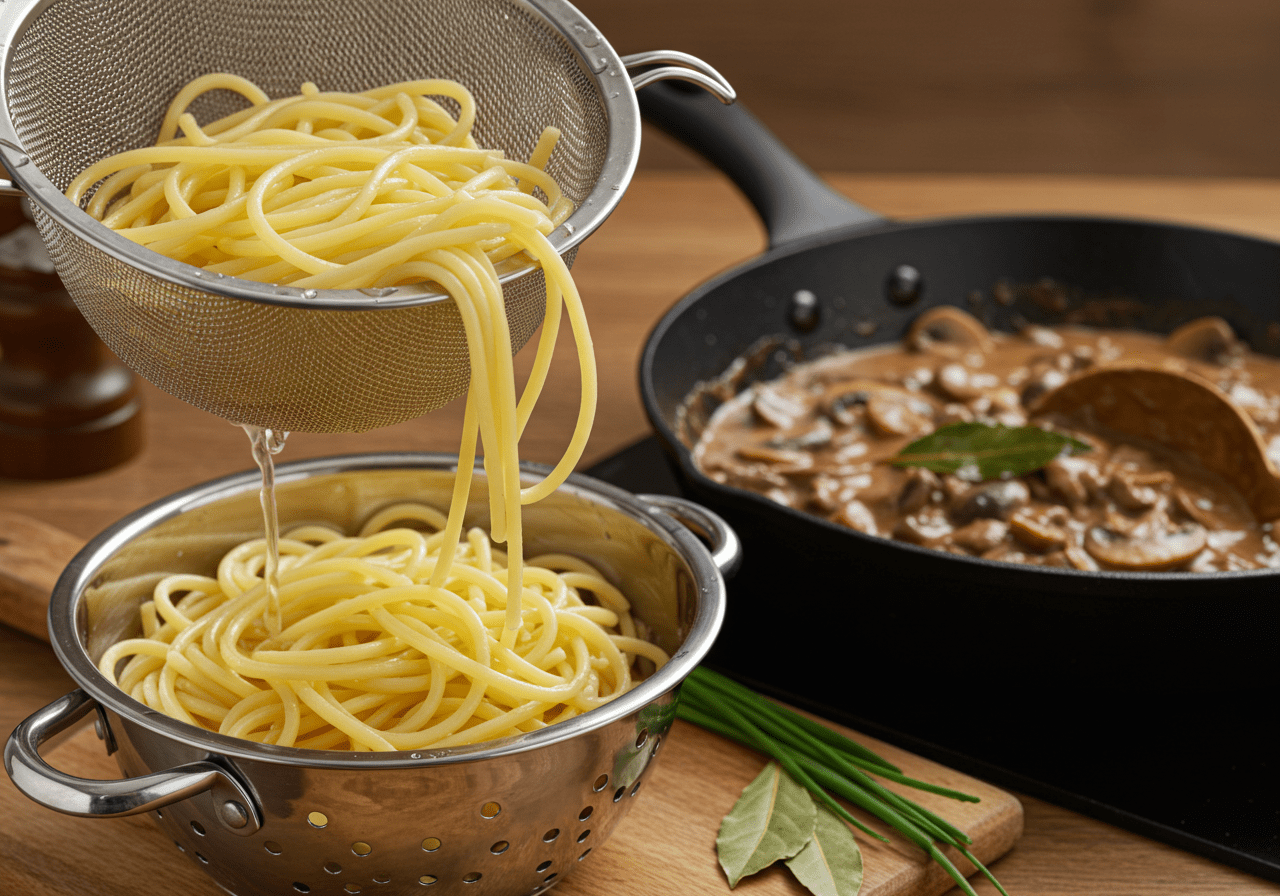 Draining cooked pasta to mix with vegan mushroom stroganoff sauce for serving.