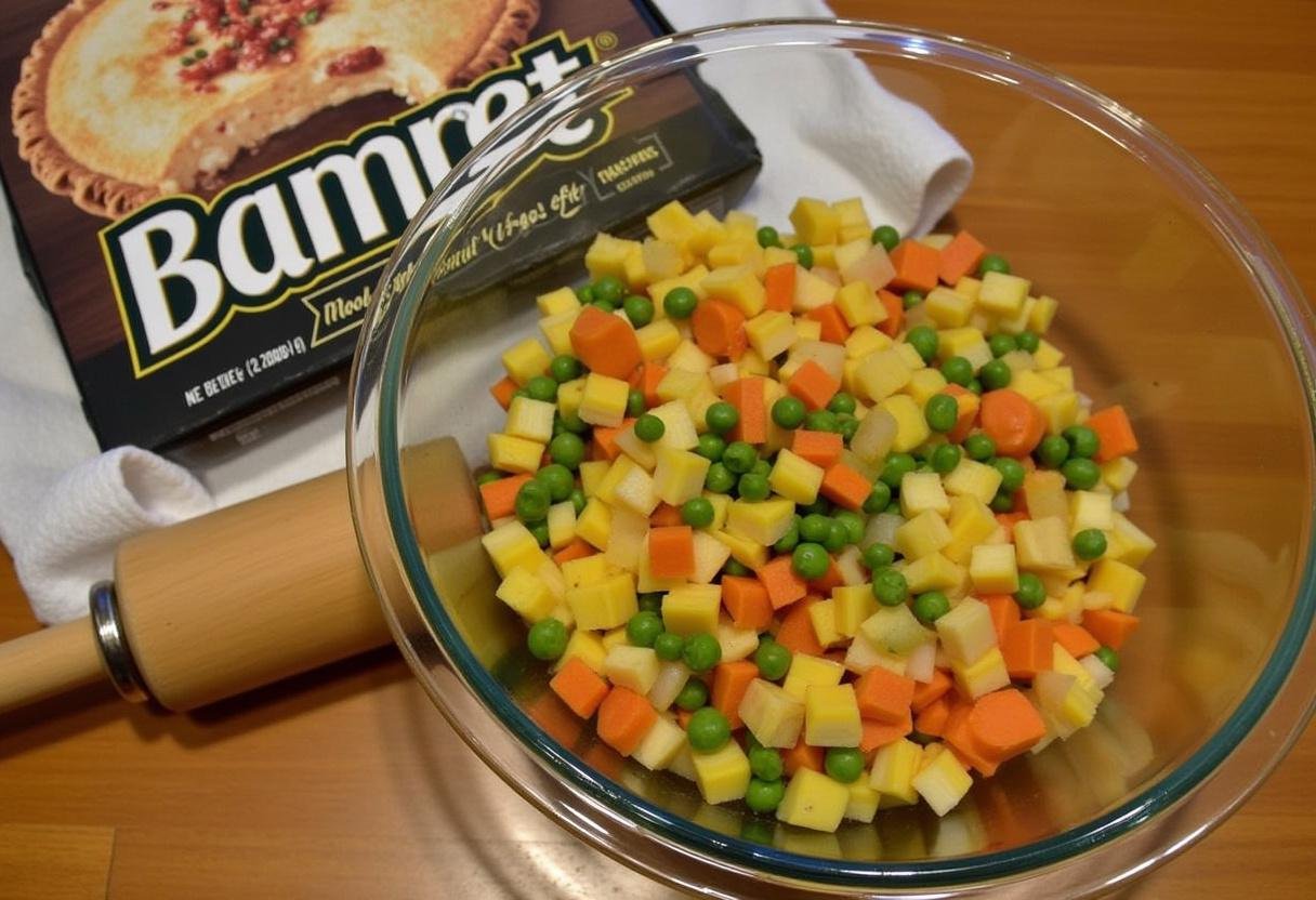 Diced vegetables and frozen banquet pot pie crusts prepared for air fryer pot pie recipe.
