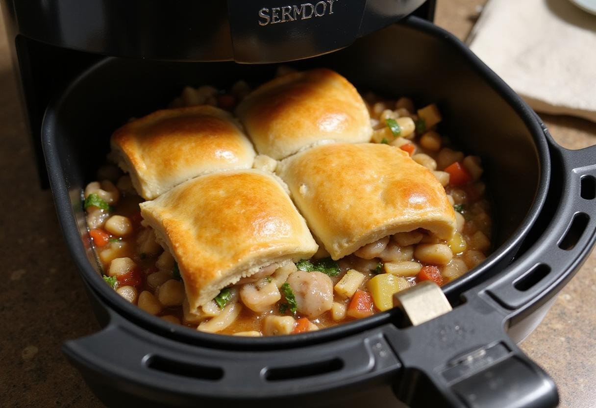 Preparing to cook banquet pot pie in air fryer with layered filling and crust.