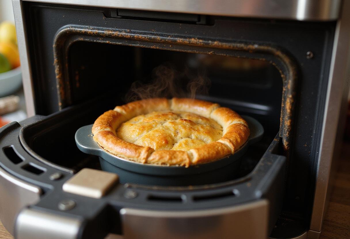Cooking process of pot pie in air fryer, showcasing the steaming golden crust ready to serve.