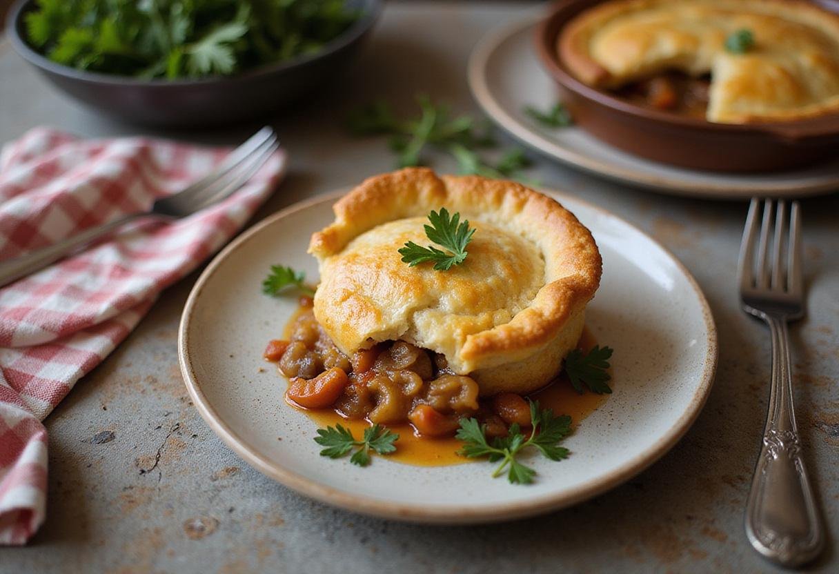 Served banquet pot pie in air fryer, beautifully plated with garnish for an inviting meal experience.