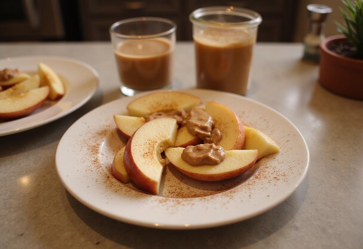 Final presentation of almond butter and fresh apple slices, an ideal healthy snack for any time of the day.