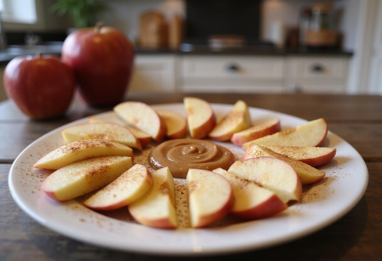 Final presentation of almond butter and fresh apple slices, an ideal healthy snack for any time of the day.