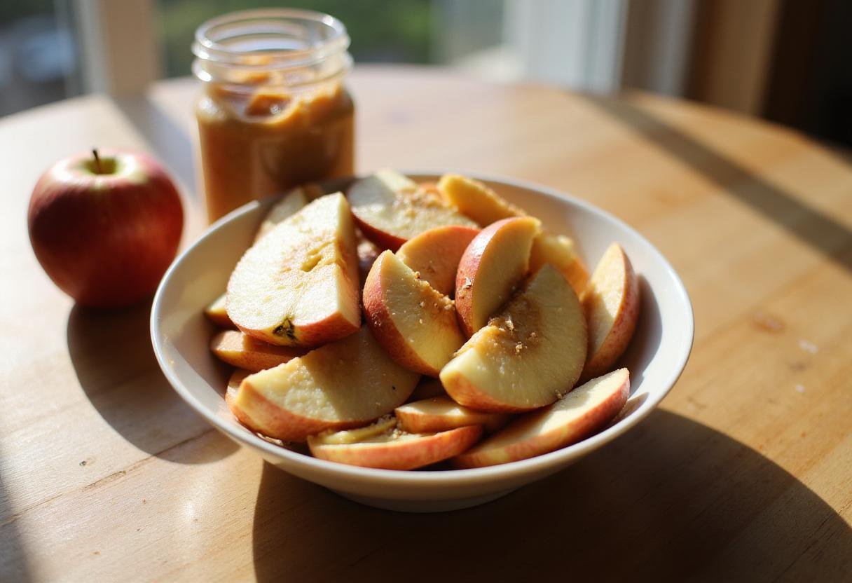 Fresh apple slices and creamy almond butter on a kitchen table, perfect for a healthy snack.