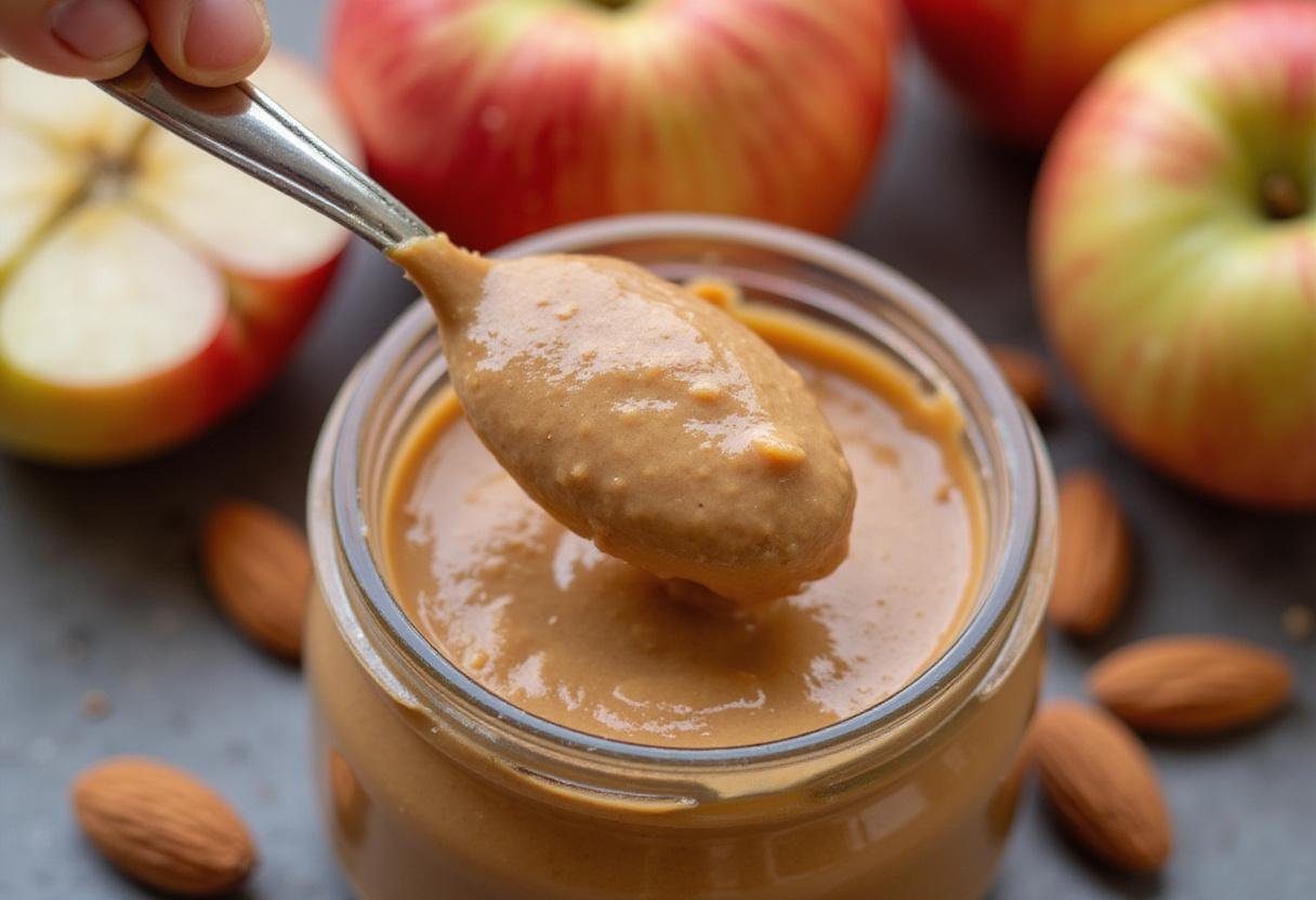 Spoon scooping almond butter, ready to pair with fresh apples for a nutritious treat.