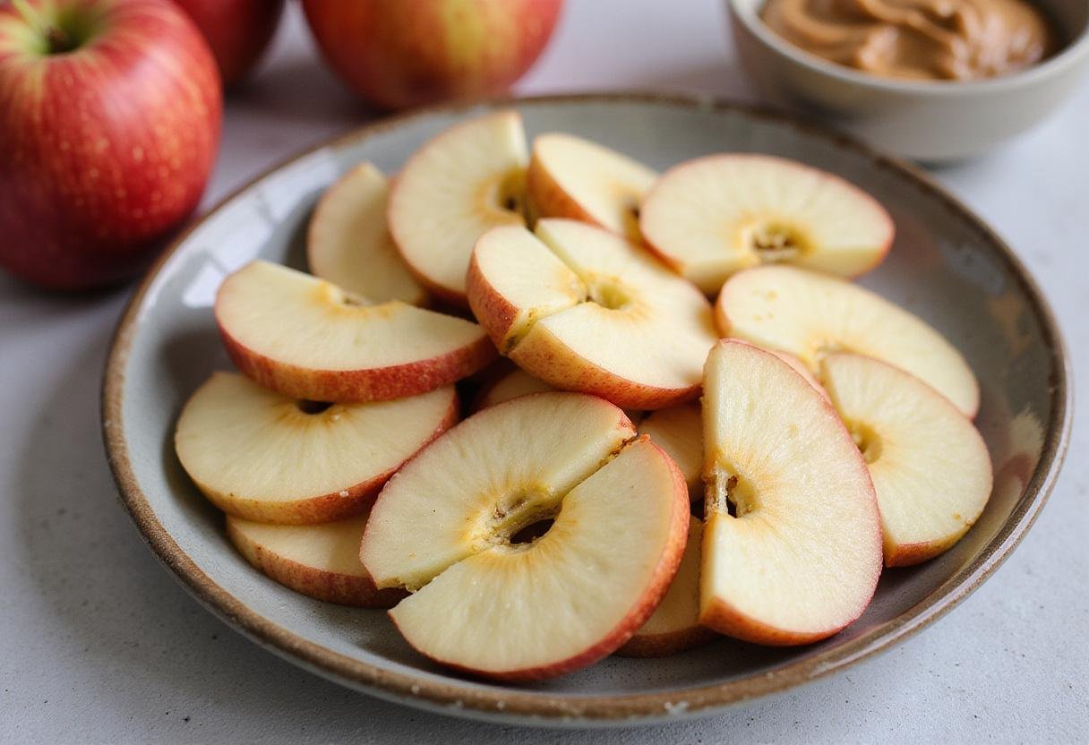 Attractive presentation of apple slices next to a bowl of almond butter, ideal for a light snack or healthy dessert.