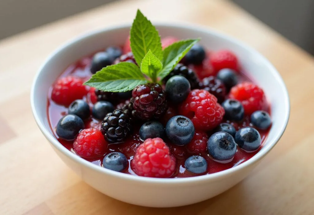 Finished Antioxidant Rich Berry Bowl garnished with mint, perfect for a healthy snack.