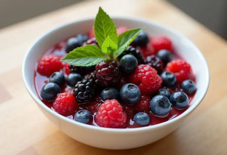 Finished Antioxidant Rich Berry Bowl garnished with mint, perfect for a healthy snack.