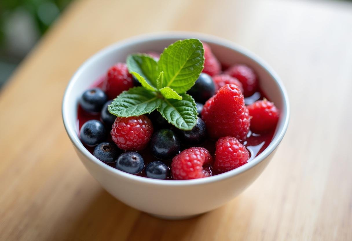 Finished Antioxidant Rich Berry Bowl garnished with mint, perfect for a healthy snack.