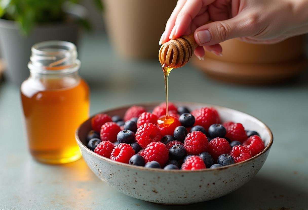 Honey being drizzled over mixed berries for an Antioxidant Rich Berry Bowl.