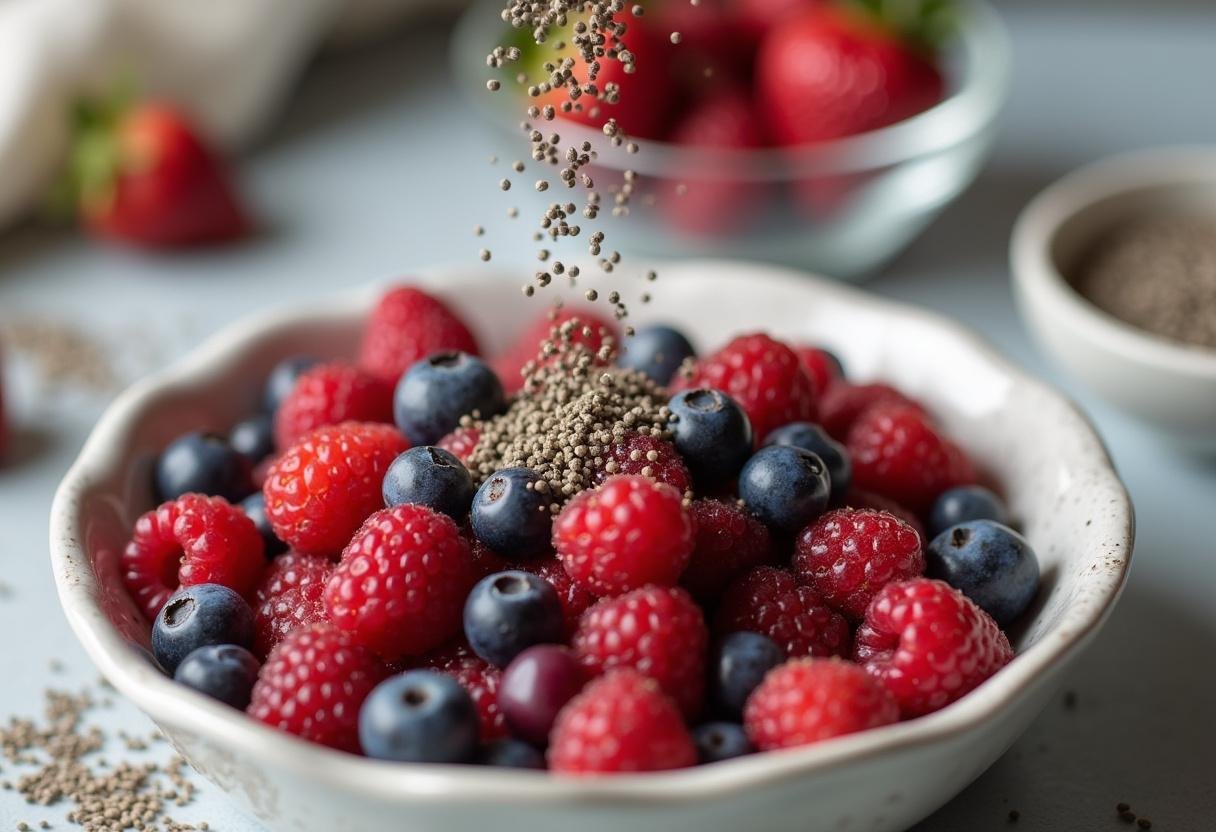 Chia seeds being added to enhance the Antioxidant Rich Berry Bowl.