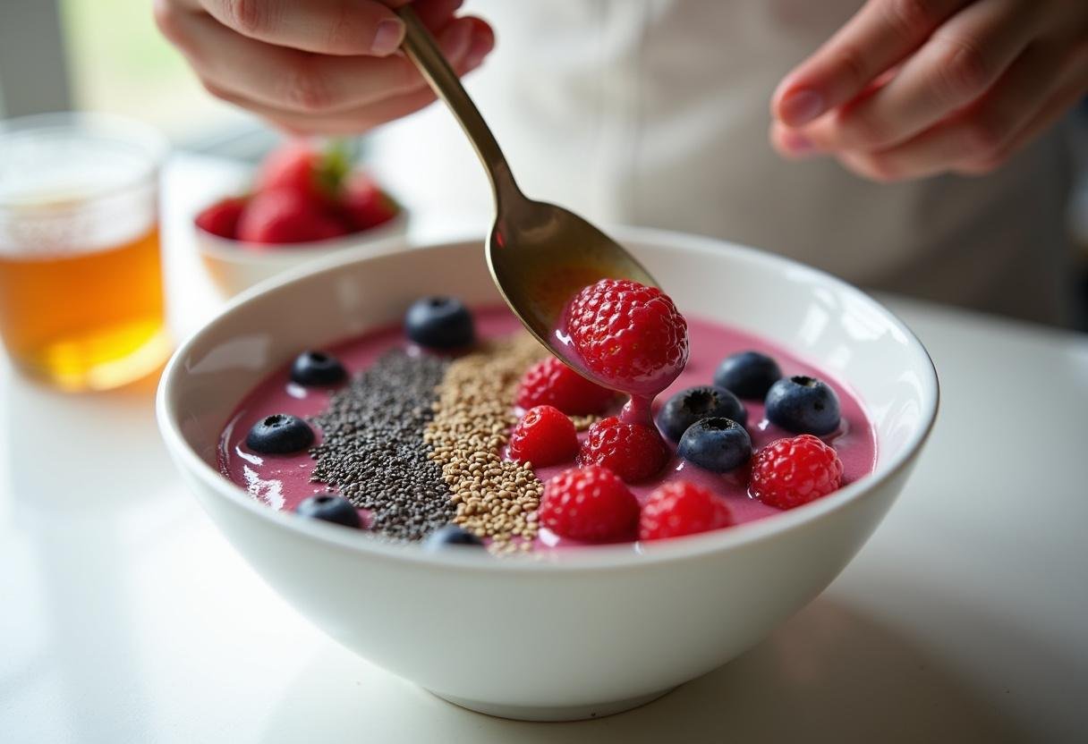 Mixing berries in a bowl with honey and chia seeds for an Antioxidant Rich Berry Bowl.