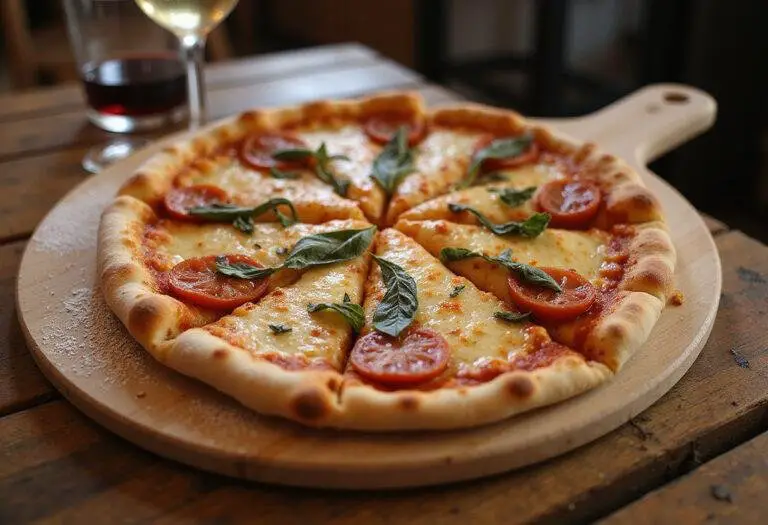 Delicious Athens authentic pizza with bubbling cheese and fresh toppings, elegantly presented for serving.