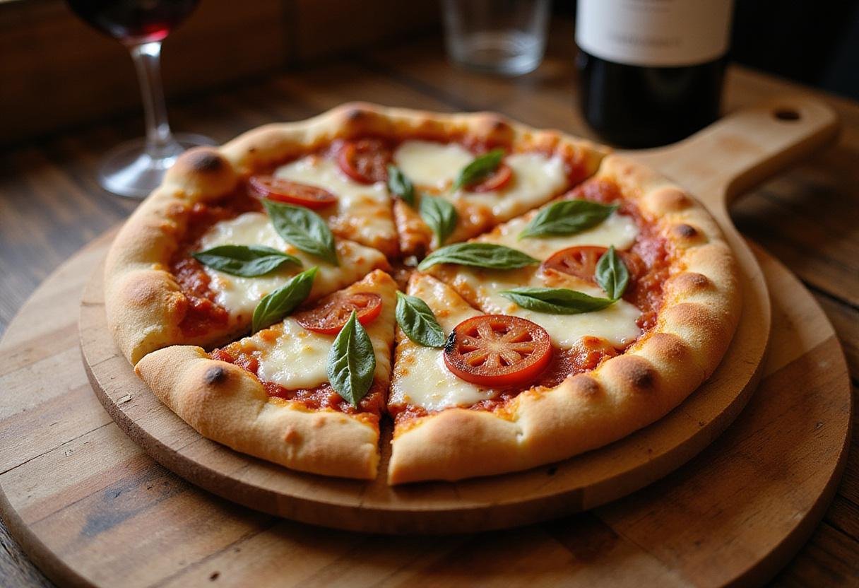 Delicious Athens authentic pizza with bubbling cheese and fresh toppings, elegantly presented for serving.