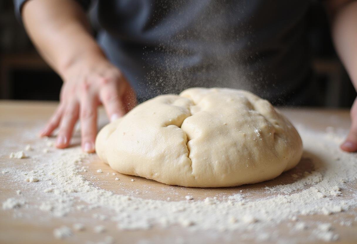 Kneading pizza dough for the Athens authentic pizza menu, showcasing the texture and freshness of the ingredients.