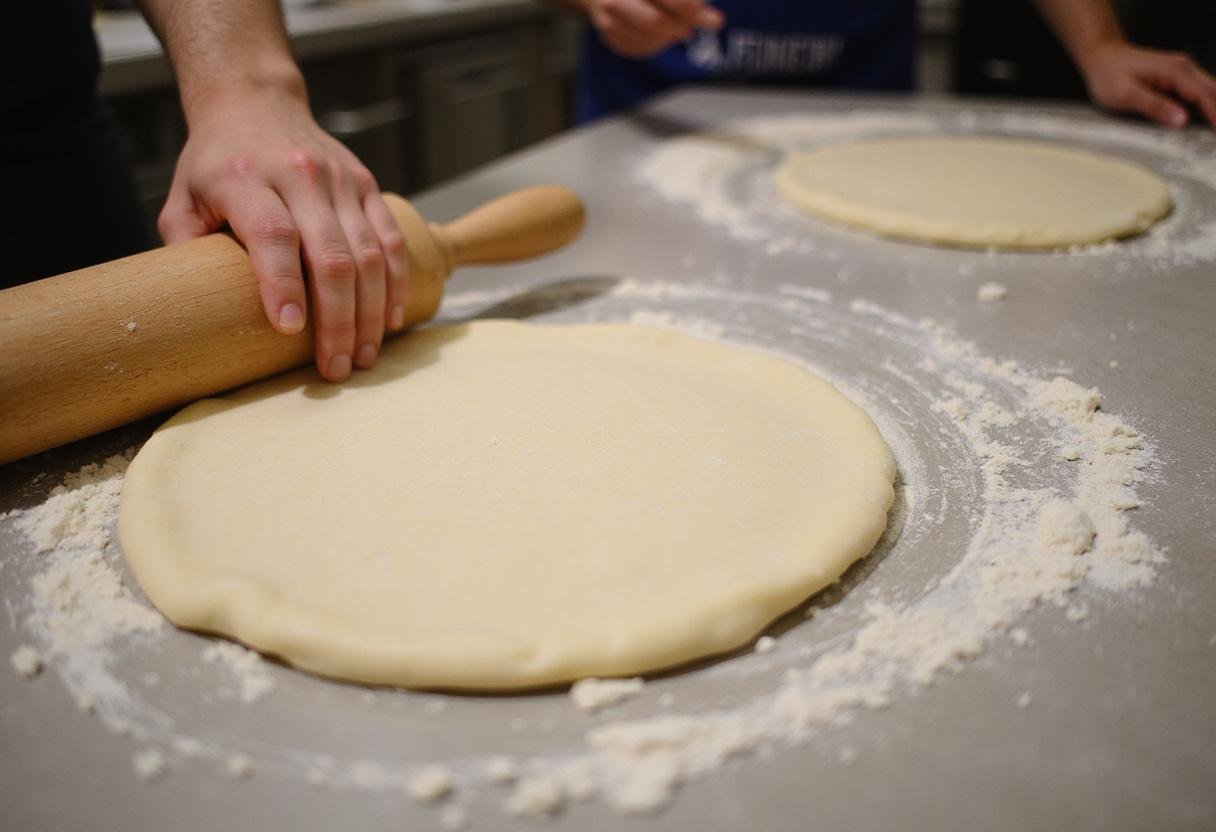 Rolling out the dough for Athens authentic pizza, highlighting the preparation of the perfect pizza base.