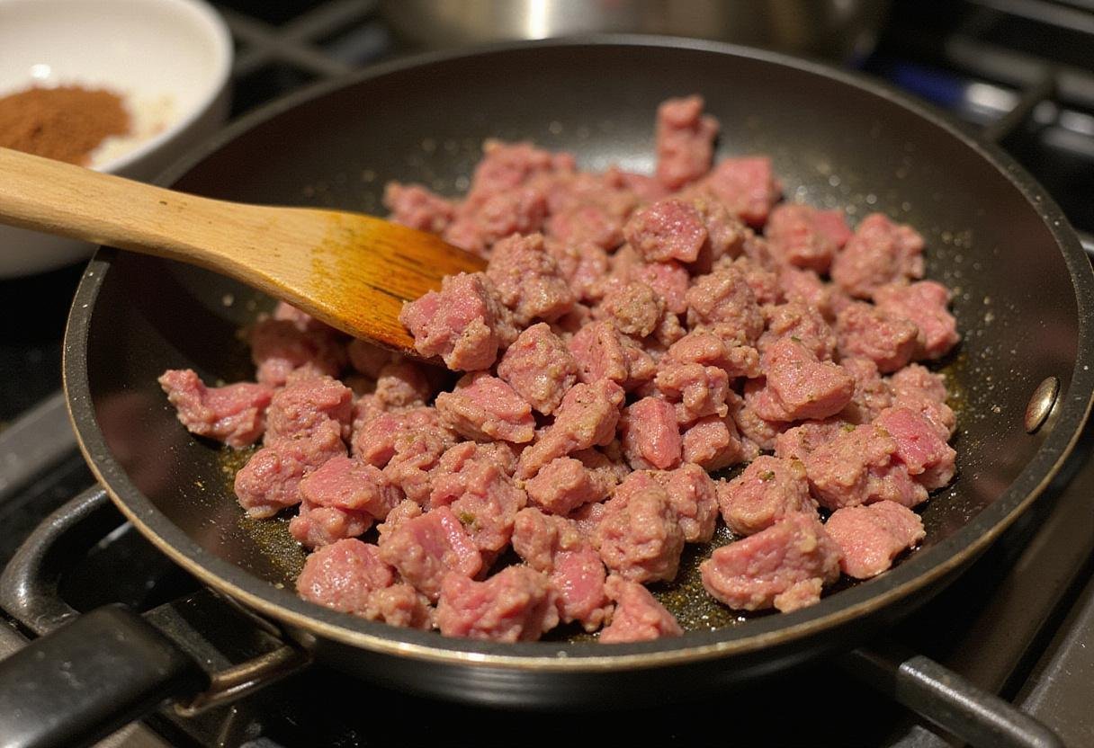 Cooking seasoned ground beef in a skillet for el gran taco, enhancing flavors with taco seasoning for the perfect filling.