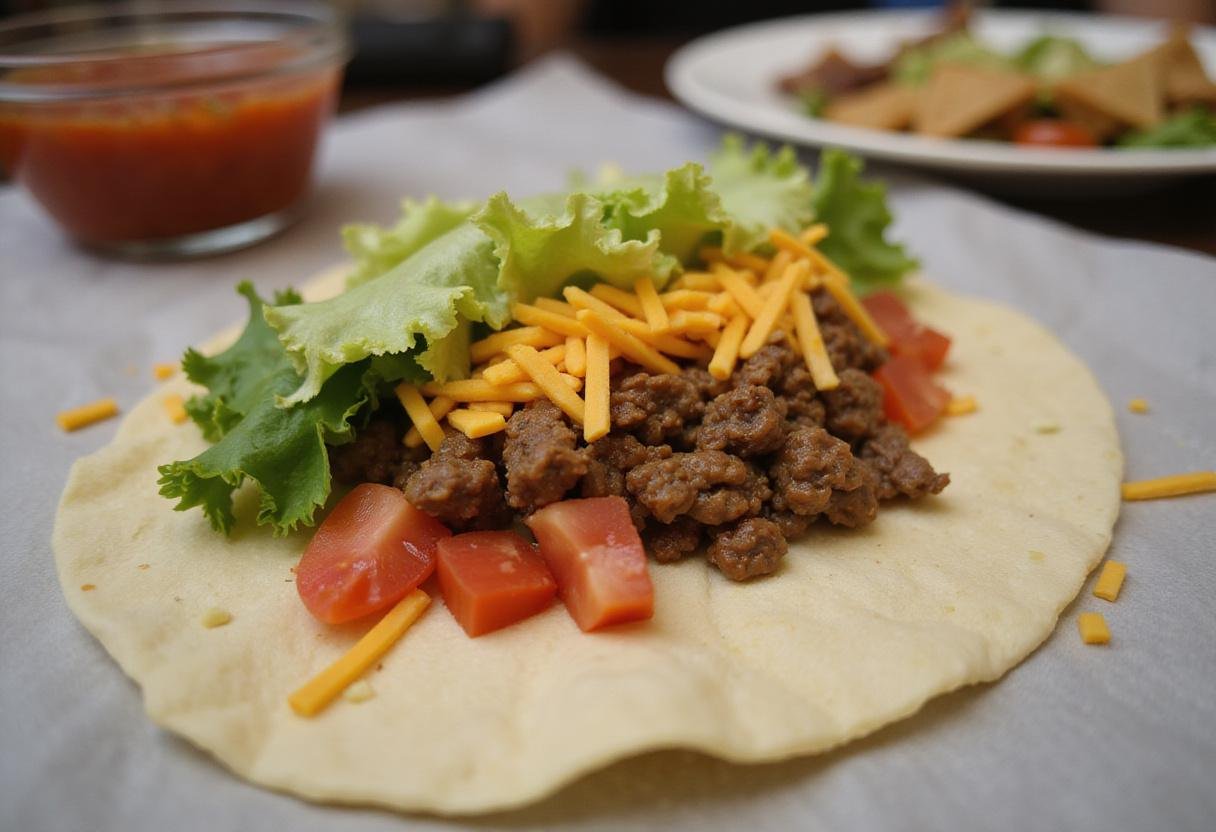 Assembling el gran taco with ground beef, fresh vegetables, and cheese for a savory explosion of flavors.