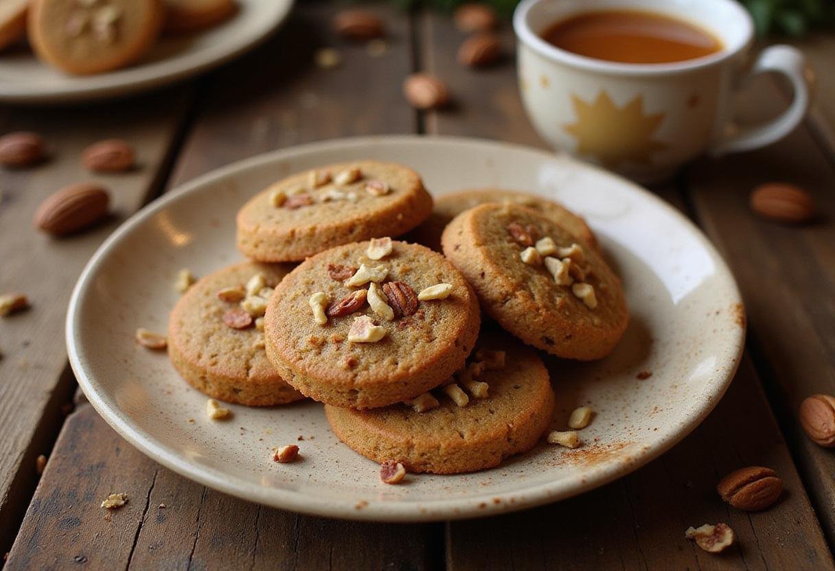 Deliciously arranged authentic spiced Indian cookies with nuts and chai plate rustic background