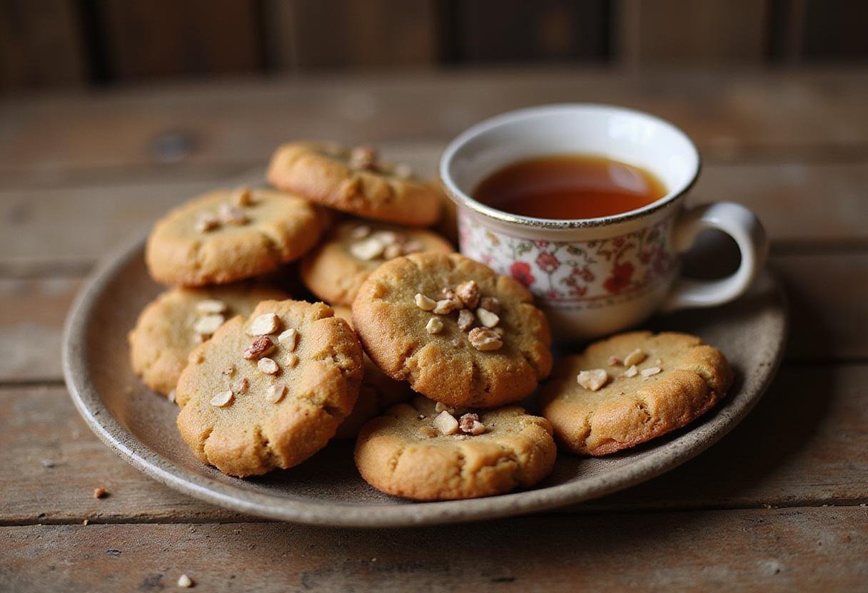 Deliciously arranged authentic spiced Indian cookies with nuts and chai plate rustic background