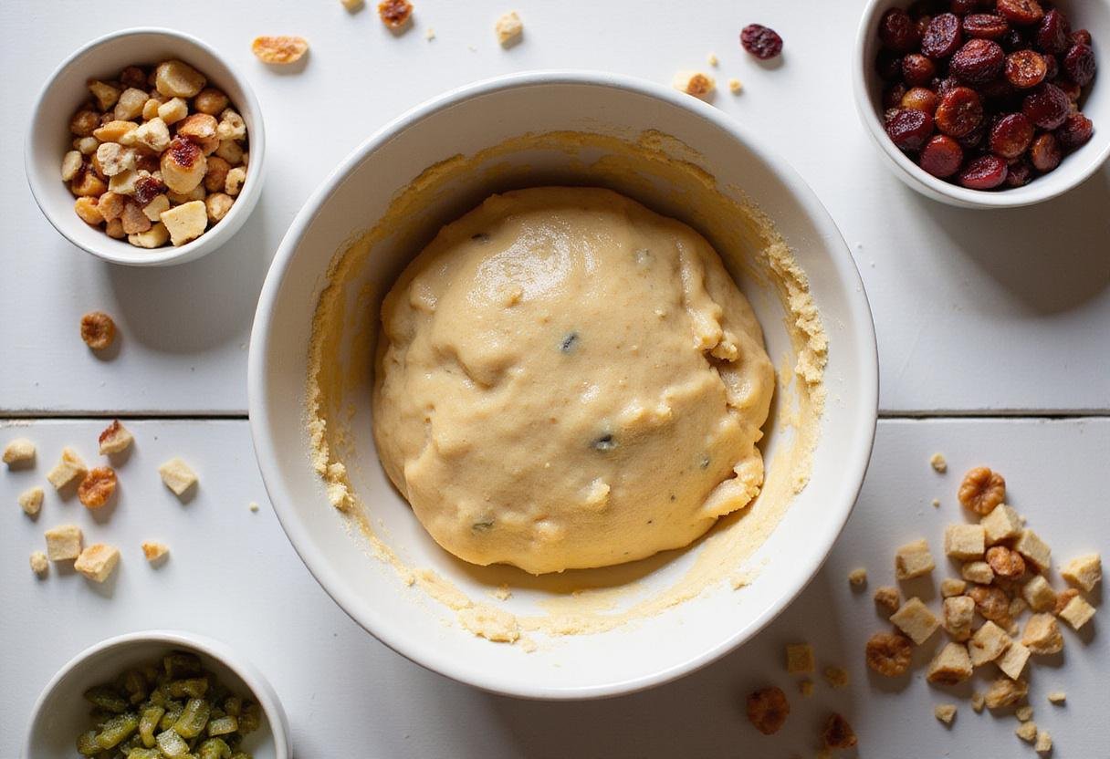 Mixing dough for authentic spiced Indian cookies with nuts dried fruits mixing bowl kitchen