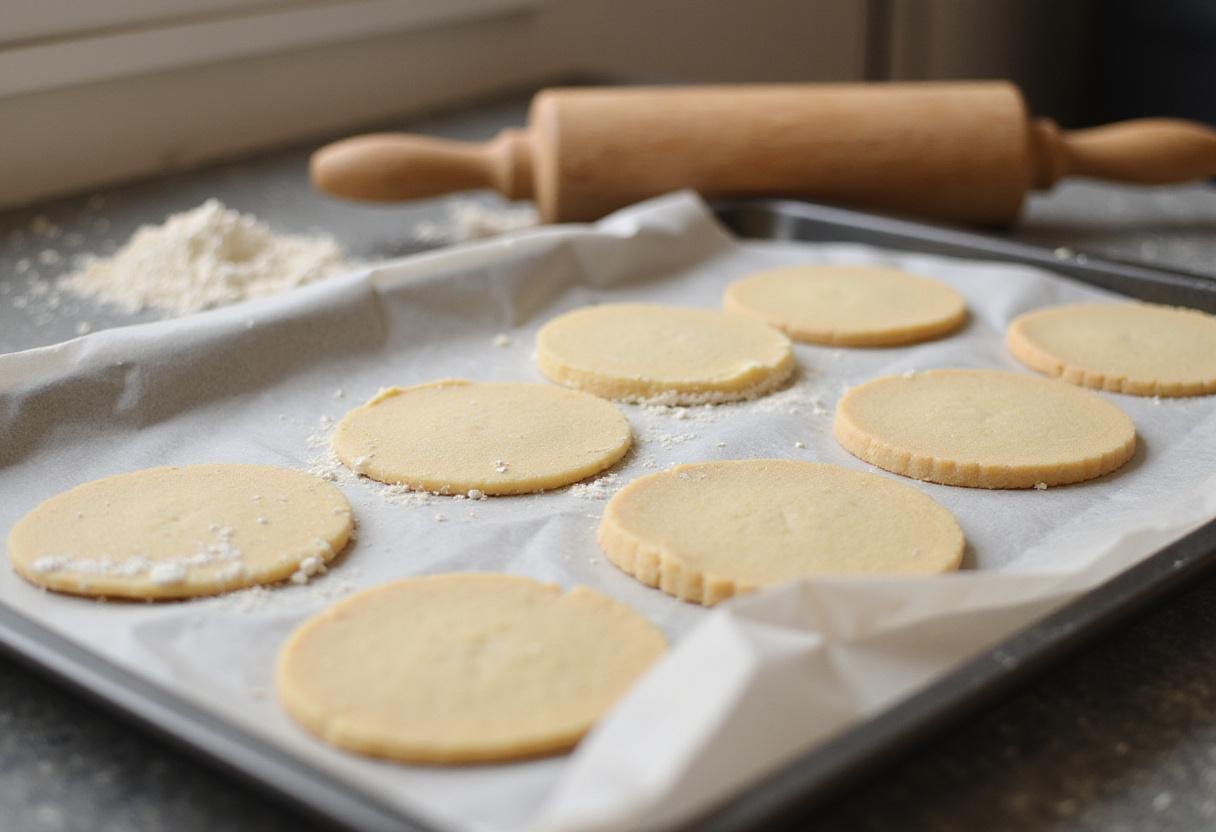 Shaping authentic spiced Indian cookies on a baking tray rolling pin flour kitchen