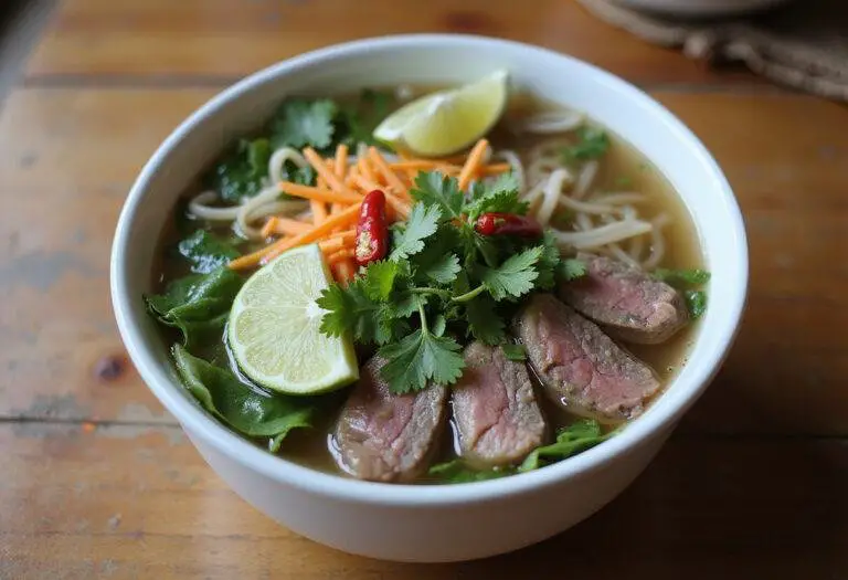 Final presentation of authentic Vietnamese pho with rich broth, fresh herbs, rice noodles, and tender beef slices for a mouth-watering recipe.