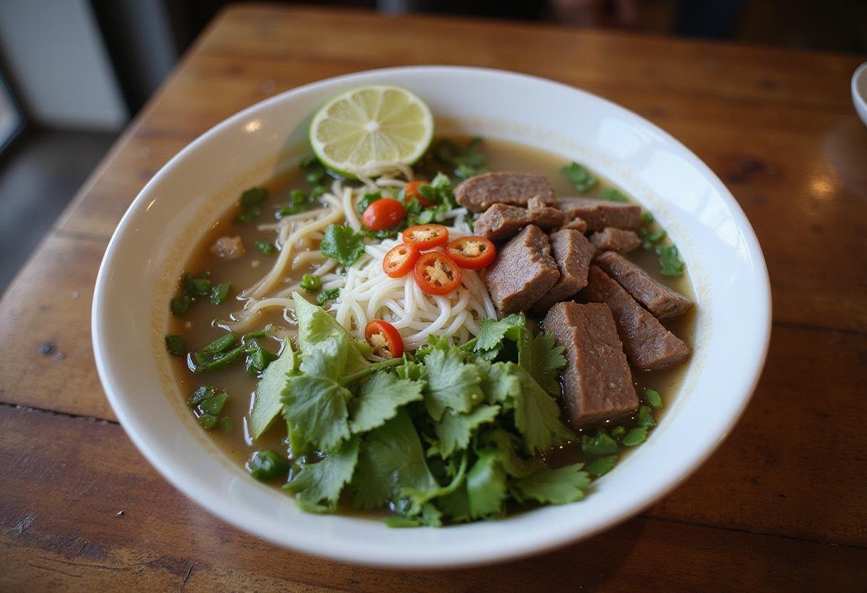 Final presentation of authentic Vietnamese pho with rich broth, fresh herbs, rice noodles, and tender beef slices for a mouth-watering recipe.