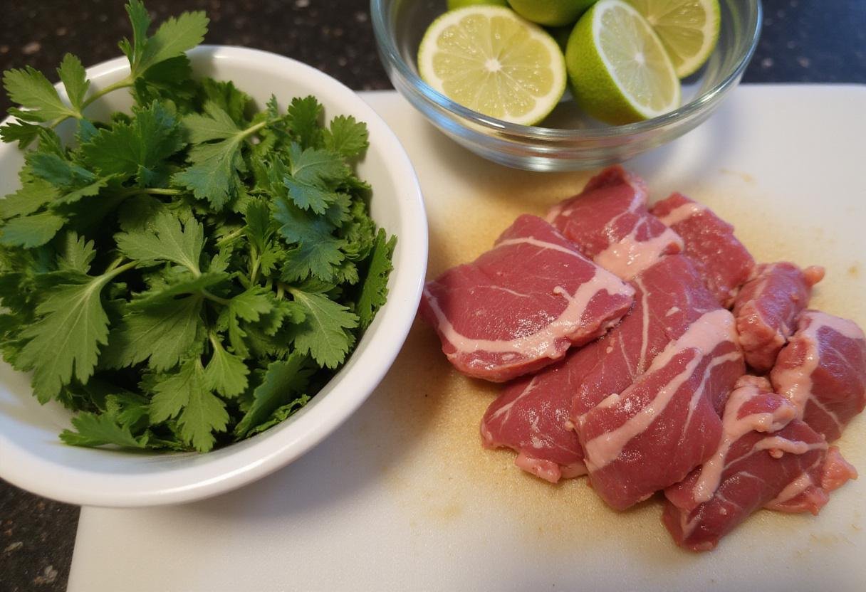 Prepare sliced beef and fresh herbs like basil and cilantro for an authentic pho recipe with lime wedges.