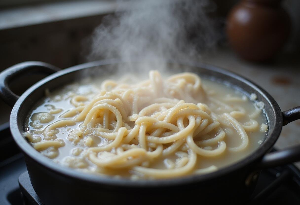 Cook rice noodles for authentic Vietnamese pho, showing steam rising from boiling water for the perfect texture.