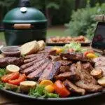 Final display of grilled BBQ masterpiece from Big Green Egg, featuring sliced meats and vibrant sides on a rustic table.