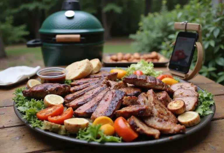 Final display of grilled BBQ masterpiece from Big Green Egg, featuring sliced meats and vibrant sides on a rustic table.