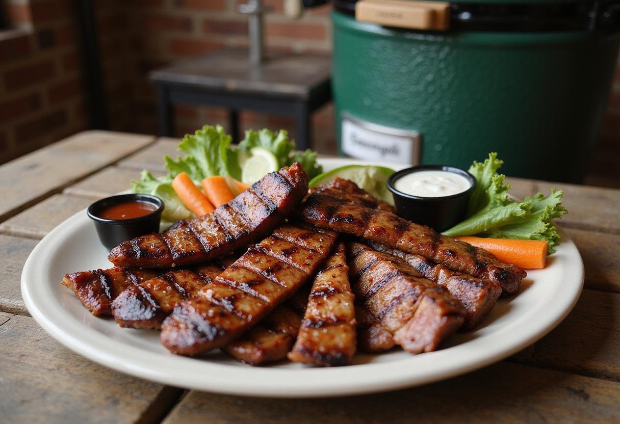 Final display of grilled BBQ masterpiece from Big Green Egg, featuring sliced meats and vibrant sides on a rustic table.