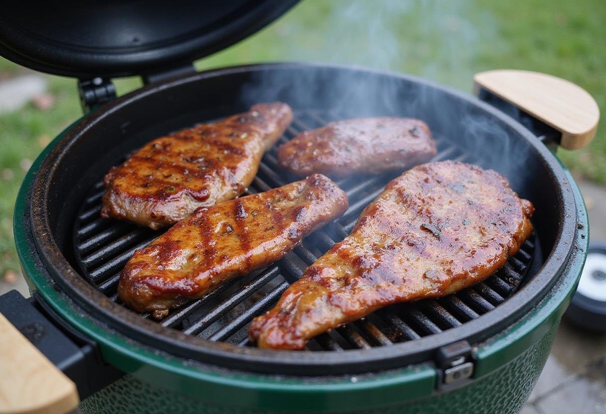 Placing marinated meat on Big Green Egg grate for delicious bge recipes, with smoke enhancing the grilling atmosphere.