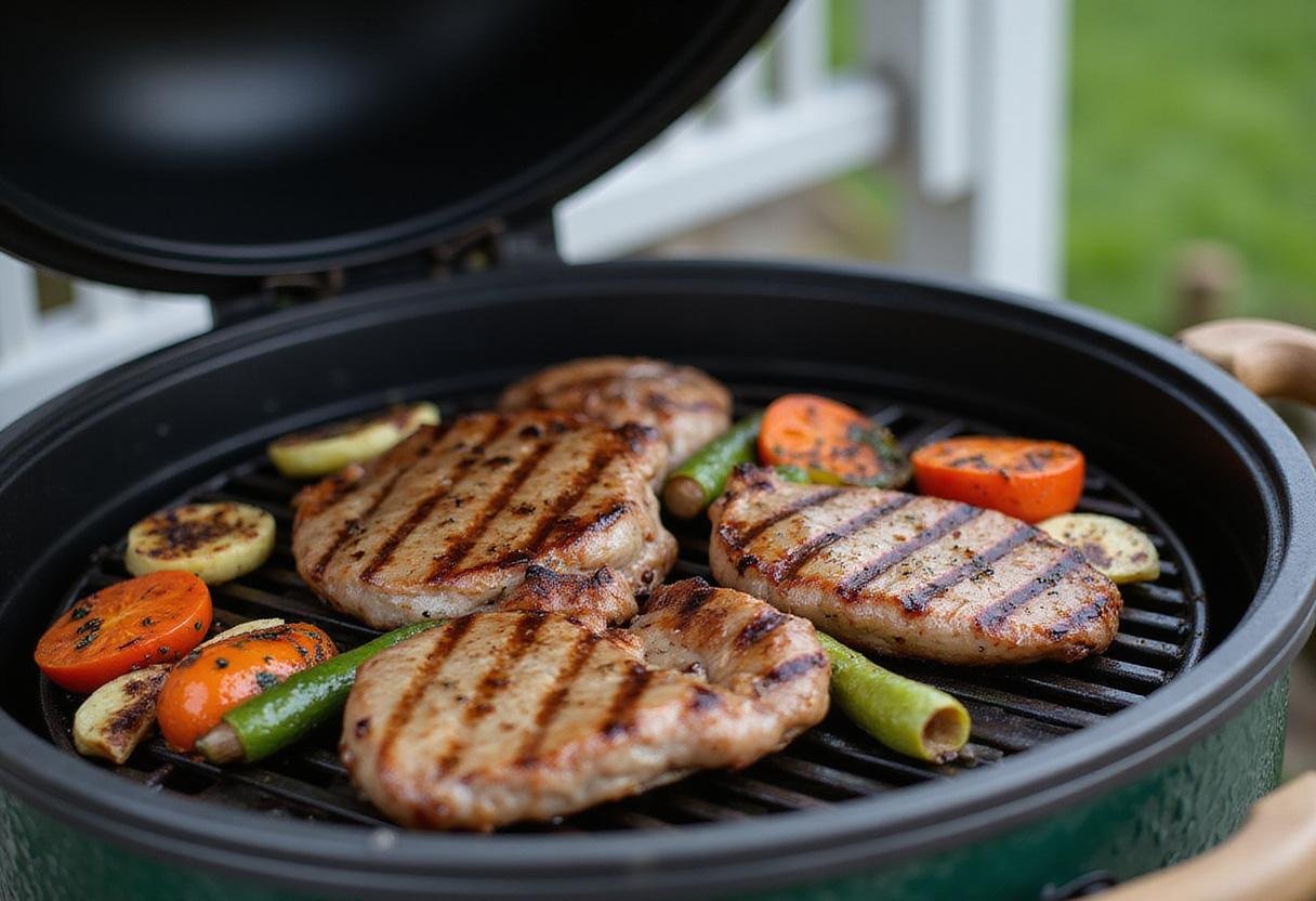 Grilling perfectly seared meats and fresh vegetables on Big Green Egg, displayed with beautiful grill marks.