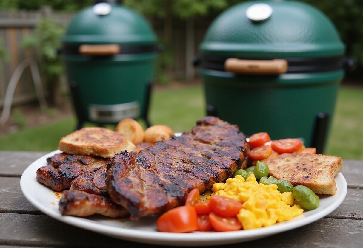 Serving freshly grilled BBQ from Big Green Egg, showcasing vibrant meats and colorful sides in an outdoor setting.